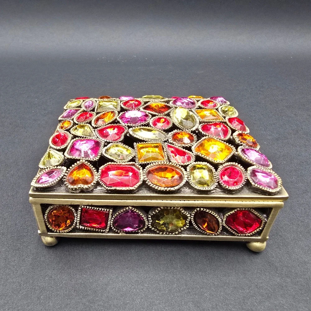Vintage Style Bejeweled Jewelry Box Bronze Tone Multi Color Gemstone Trinket Box